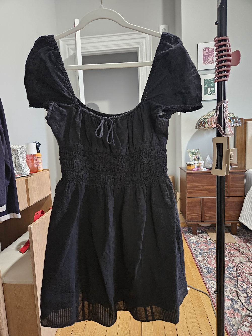 Smocked Puff Sleeve Black Mini Dress